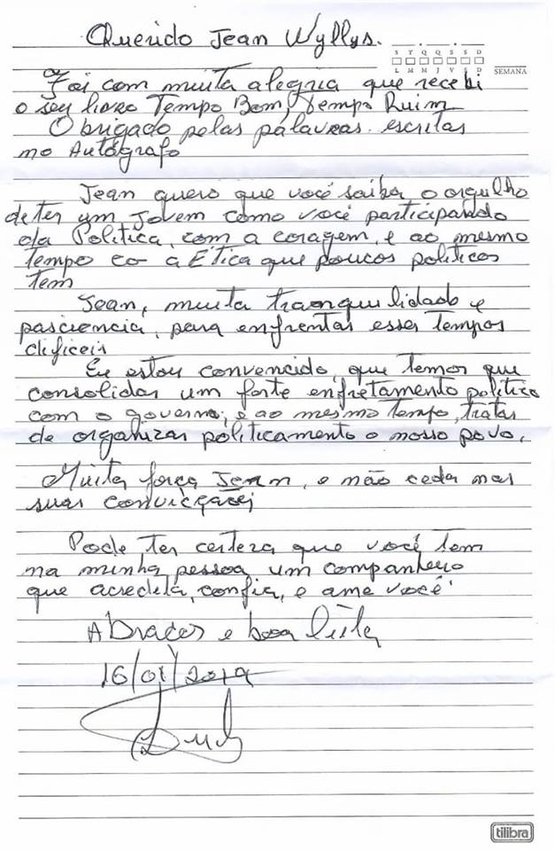 Carta de Lula a Jean Wyllys
