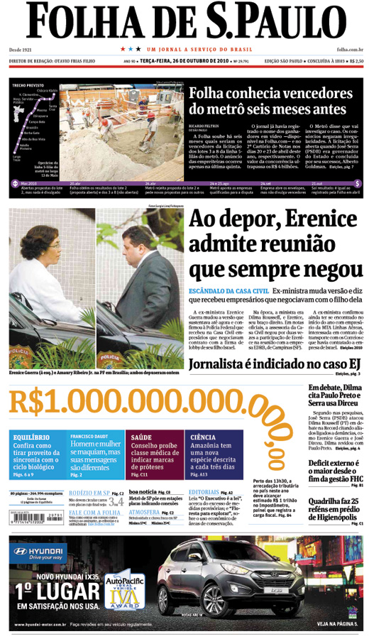 Capa da Folha desta terça-feira (26), destaca campanha anti-imposto (Reprodução)