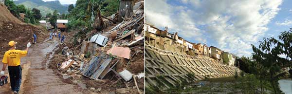 No primeiro dia de 2010, São Luiz do Paraitinga (SP) acordou inundada e com seu centro histórico parcialmente destruído. Em parceria com o IPT, a prefeitura realizou obras de contenção do rio (Fotos: Divulgação/IPT/2010 e 2012)